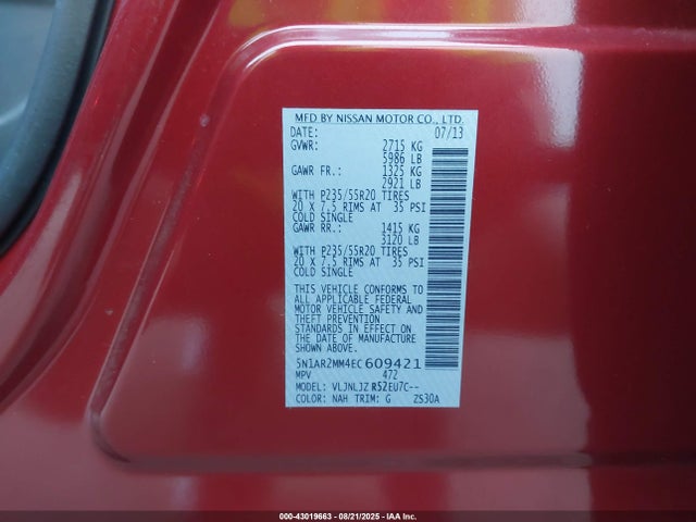 5N1AR2MM4EC609421 Nissan Pathfinder