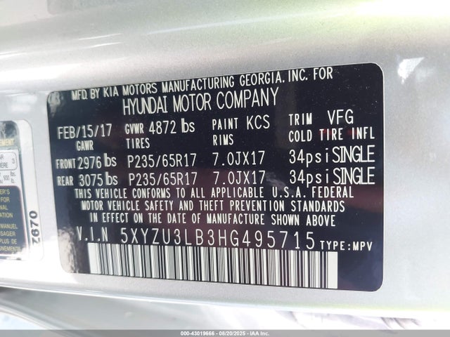 5XYZU3LB3HG495715 Hyundai gdi theta ii