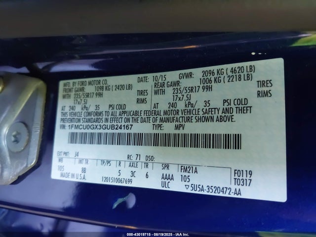 1FMCU0GX3GUB24167 Ford 2016