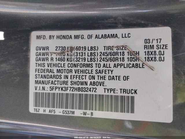 Honda j35y6 2017 5FPYK3F72HB032472 Image 9