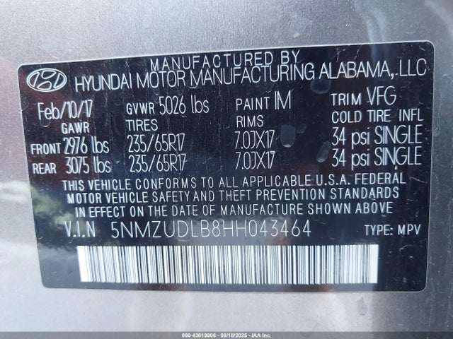 5NMZUDLB8HH043464 Hyundai gdi theta ii