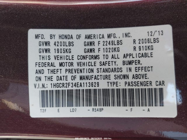 Honda k24w1 2014 1HGCR2F34EA113629 Image 9