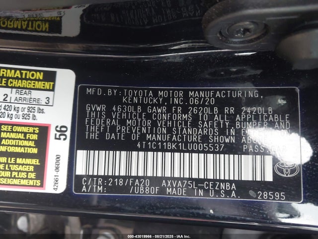 4T1C11BK1LU005537 Toyota a25a-fks