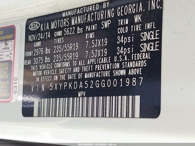 5XYPKDA52GG001987 KIA dohc gdi lambda ii