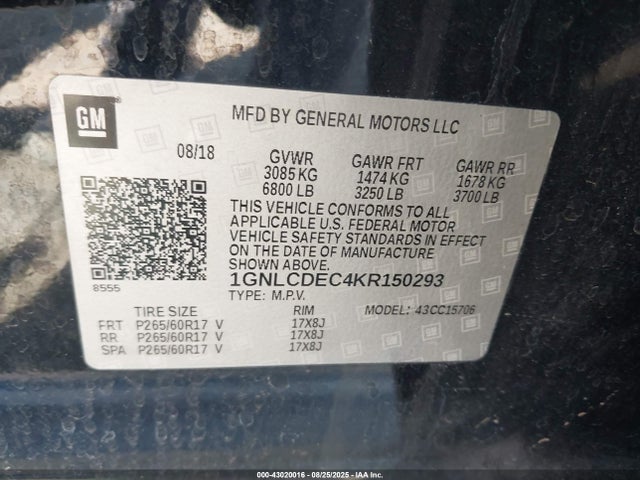 Aukcja sprzedaży 2019 Chevrolet Tahoe Commercial Fleet, vin: 1GNLCDEC4KR150293, numer aukcji: 43020016