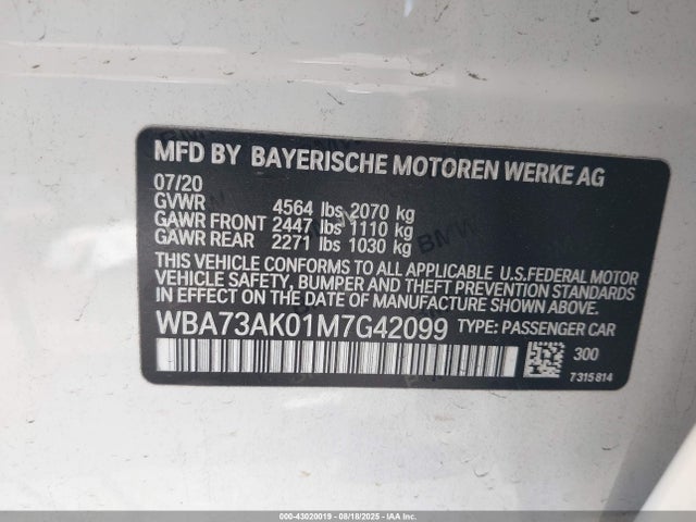 WBA73AK01M7G42099 BMW 2021