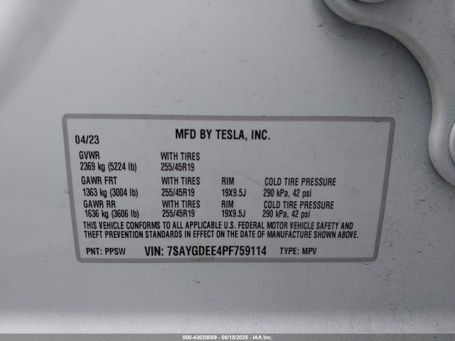 7SAYGDEE4PF759114 Tesla Model Y