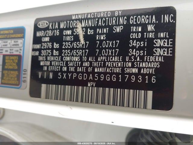 5XYPGDA59GG179316 KIA dohc gdi lambda ii