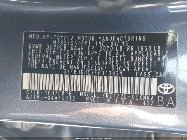 5YFBURHEXFP313931 Toyota 2zr-fe