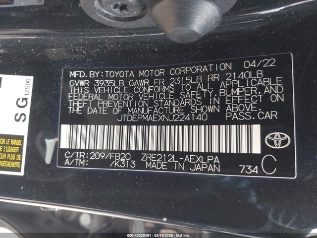 JTDEPMAEXNJ224140 Toyota 2zr-fae