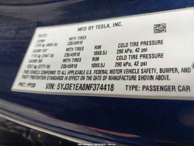 2022 TESLA MODEL 3 5YJ3E1EA8NF374418 Photo 8