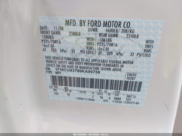 Aukcja sprzedaży 2009 Ford Escape Xlt, vin: 1FMCU93789KA99758, numer aukcji: 43020483
