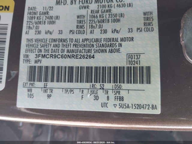 3FMCR9C60NRE26264 Ford dragon
