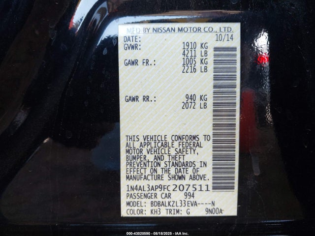 Nissan Altima 2015 1N4AL3AP9FC207511 Image 9