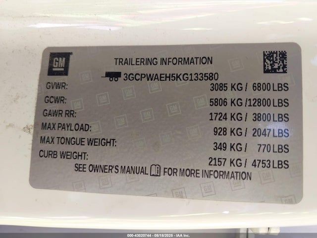 3GCPWAEH5KG133580 Chevrolet lv3 - gen 5, sidi, vvt, e85 max, alum