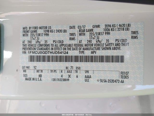 1FMCU0GD7HUD54124 Ford gtdi sigma w/premium fuel
