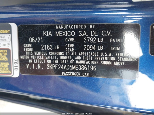 3KPF24AD5ME386196 KIA mpi nu