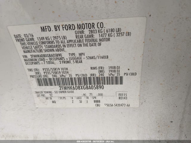 2FMHK6D8XGBA05890 Ford 2016