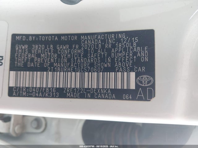 2T1BURHE1GC570607 Toyota 2zr-fe