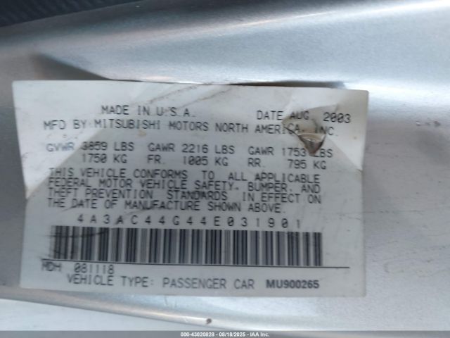 2004 MITSUBISHI ECLIPSE 4A3AC44G44E031901 Photo 8