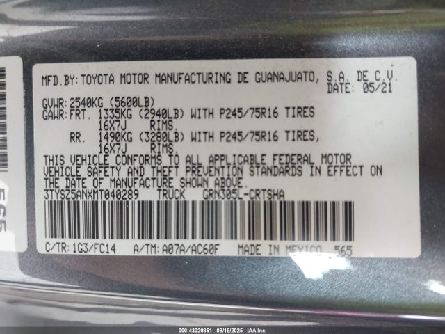 3TYSZ5ANXMT040289 Toyota 2gr-fks