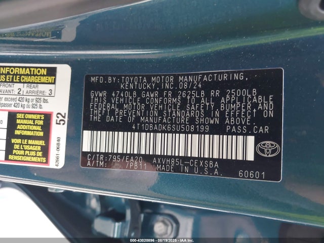 2025 Toyota Camry Se მანქანა იყიდება აუქციონზე, vin: 4T1DBADK6SU508199, აუქციონის ნომერი: 43020896