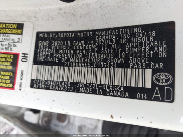 2T1BURHE5JC103424 Toyota 2zr-fe