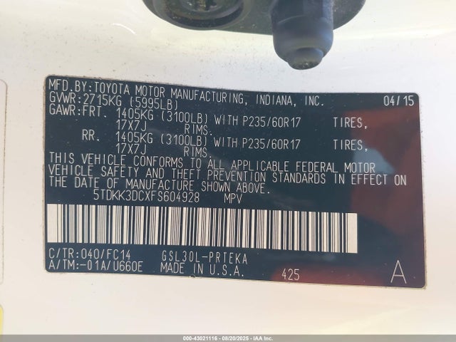 5TDKK3DCXFS604928 Toyota 2gr-fks