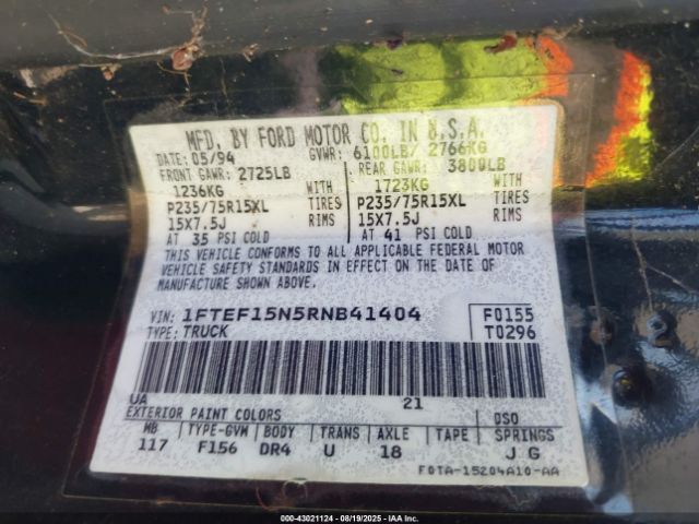 1994 FORD F150 1FTEF15N5RNB41404 Photo 8
