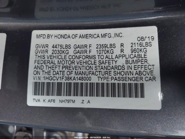 Aukcja sprzedaży 2019 Honda Accord Sport, vin: 1HGCV1F38KA148000, numer aukcji: 43021128