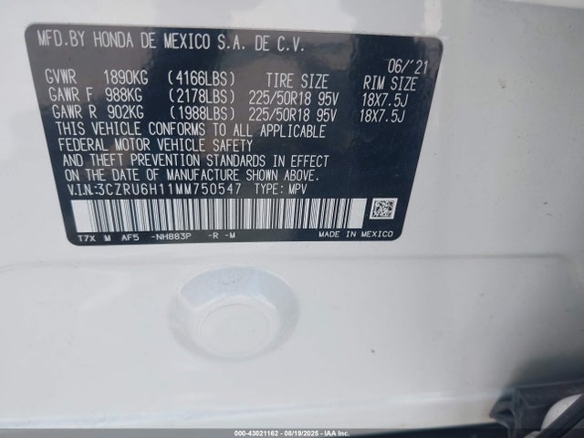 3CZRU6H11MM750547 Honda r18z9