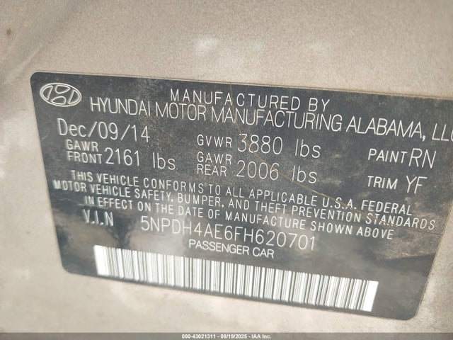 5NPDH4AE6FH620701 Hyundai dohc mpi nu