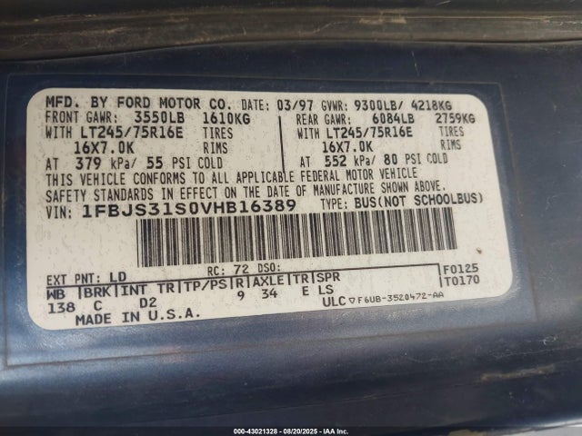 Продаж на аукціоні авто 1997 Ford Club Wagon Xl/xlt, vin: 1FBJS31S0VHB16389, номер лоту: 43021328