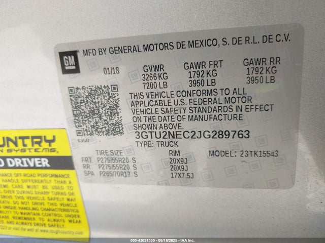 3GTU2NEC2JG289763 GMC l83 -spark ignited direct injection, variable valve timing, afm, e85 max, alum