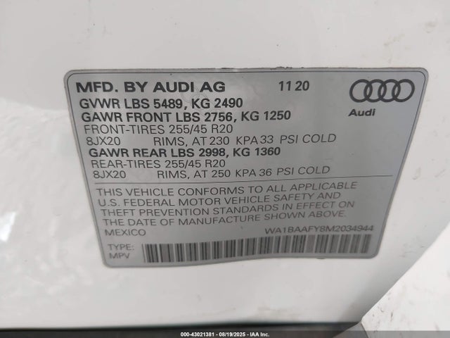 2021 AUDI Q5 WA1BAAFY8M2034944 Photo 8