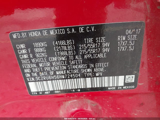 3CZRU6H56HM724504 Honda r18z9