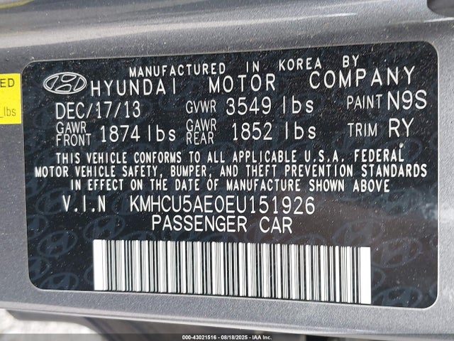 KMHCU5AE0EU151926 Hyundai dohc gdi gamma
