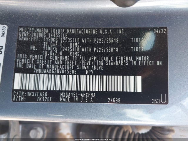 Toyota m20a-fks 2022 7MUDAABG3NV015908 Image 9