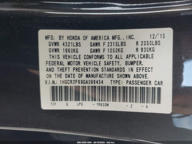 1HGCR2F69GA089454 Honda k24w1