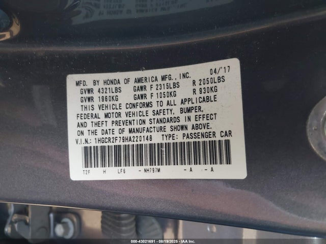 Honda k24w1 2017 1HGCR2F79HA220148 Image 9