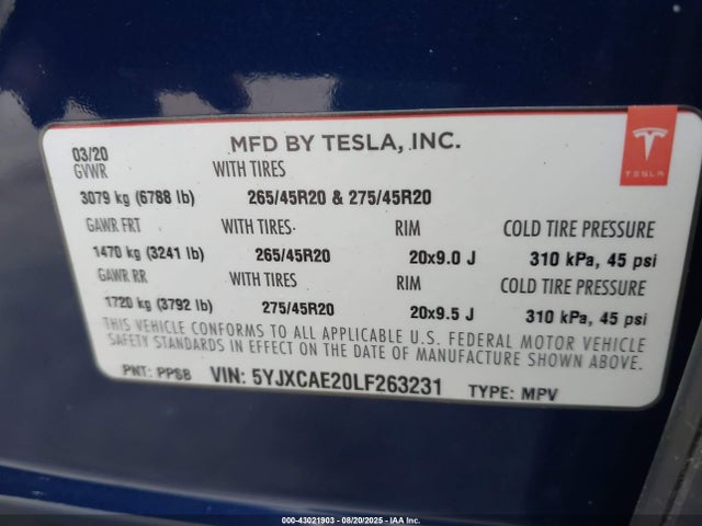 2020 TESLA MODEL X 5YJXCAE20LF263231 Photo 8