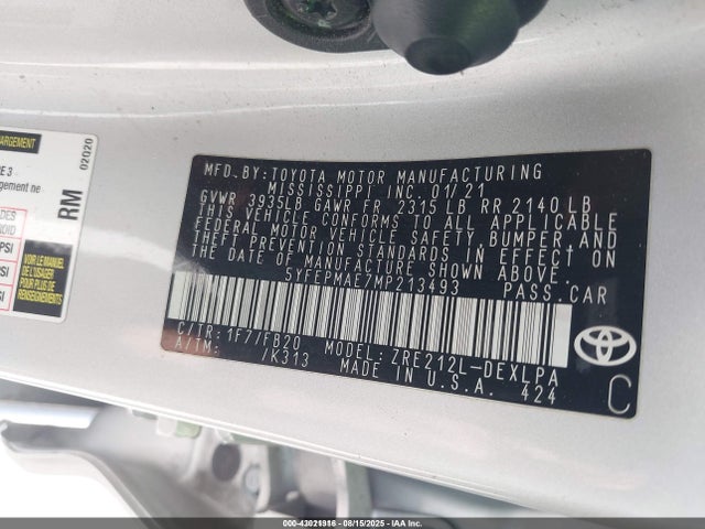 Toyota 2zr-fae 2021 5YFEPMAE7MP213493 Image 9