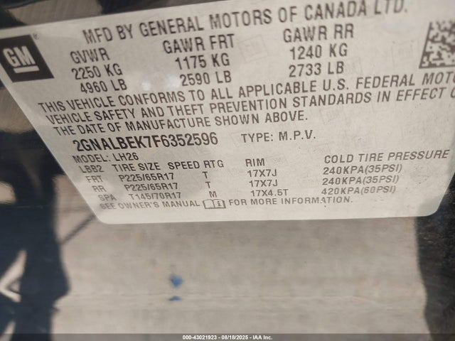 2GNALBEK7F6352596 Chevrolet lea - flex fuel (gas/alc), aluminum, ho,