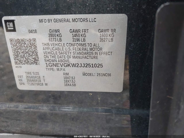 1GNEVGKW2JJ251025 Chevrolet lfy - spark ignited direct injection, atss, gen 1