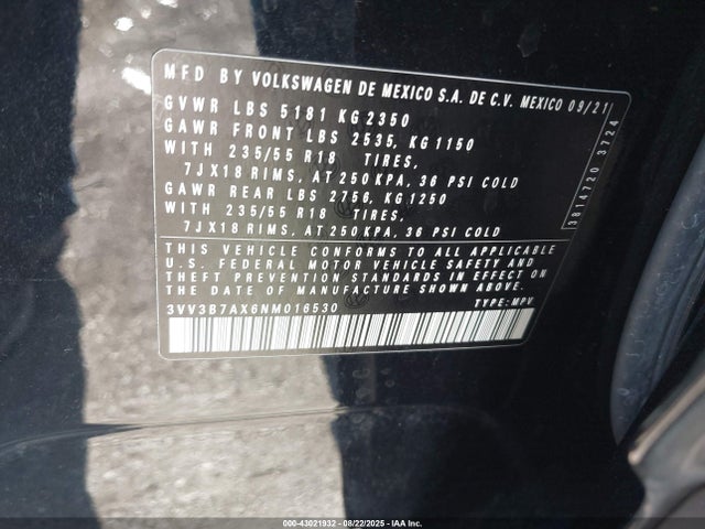 3VV3B7AX6NM016530 Volkswagen Tiguan