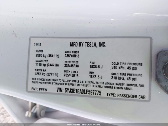 2020 TESLA MODEL 3 5YJ3E1EA0LF597775 Photo 8