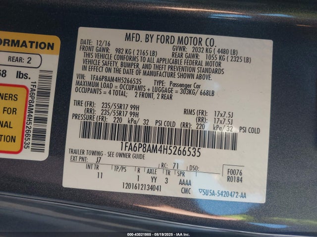 Ford 3.7l 4v 2017 1FA6P8AM4H5266535 Image 9