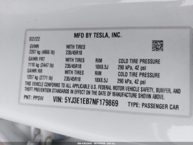 2022 TESLA MODEL 3 5YJ3E1EB7NF179869 Photo 8