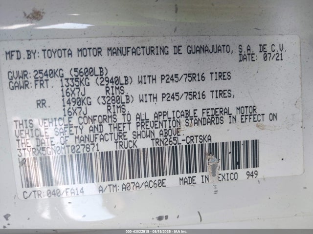 Toyota 2tr-fe 2021 3TYRX5GN0MT027871 Image 9