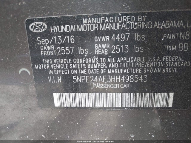 5NPE24AF3HH498543 Hyundai Sonata